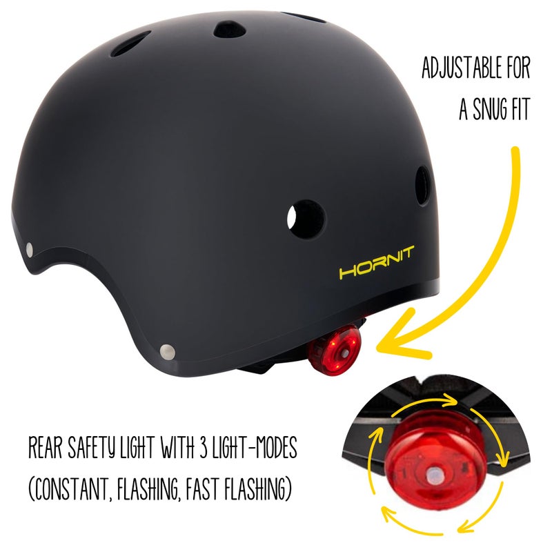 Hornit Mini Lids Kids Helmet. Fully-Adjustable Multi-Sport Hard Shell Helmet with Rear Safety Light, Small, Stealth - Image 3